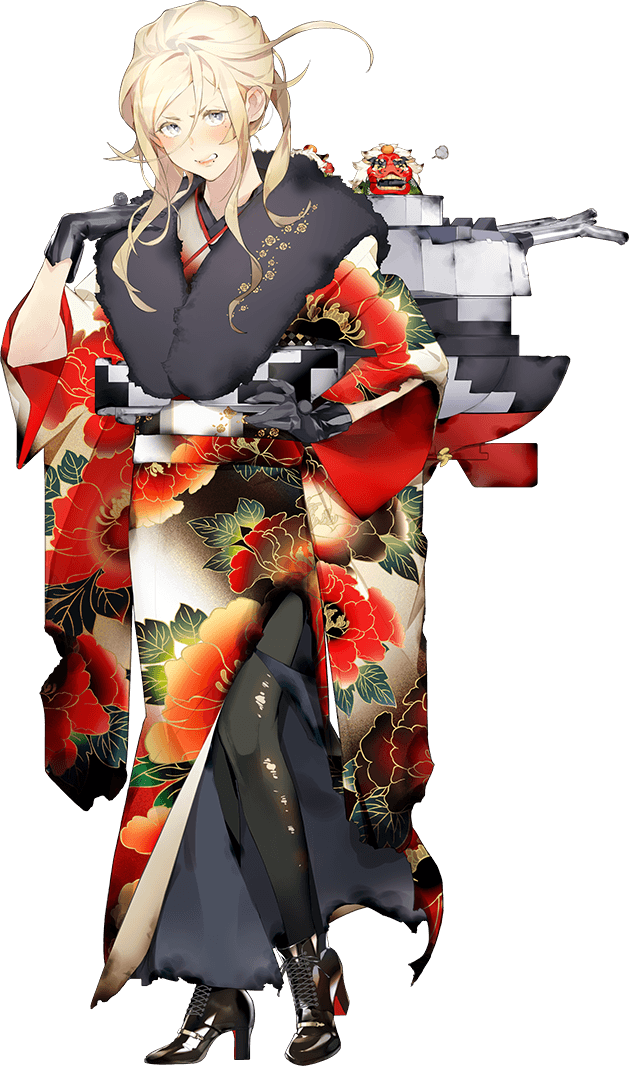 1girl akira_(kadokawa) blonde_hair blue_eyes floral_print flower full_body gloves japanese_clothes kantai_collection kimono looking_at_viewer machinery official_art richelieu_(kantai_collection) torn_clothes transparent_background