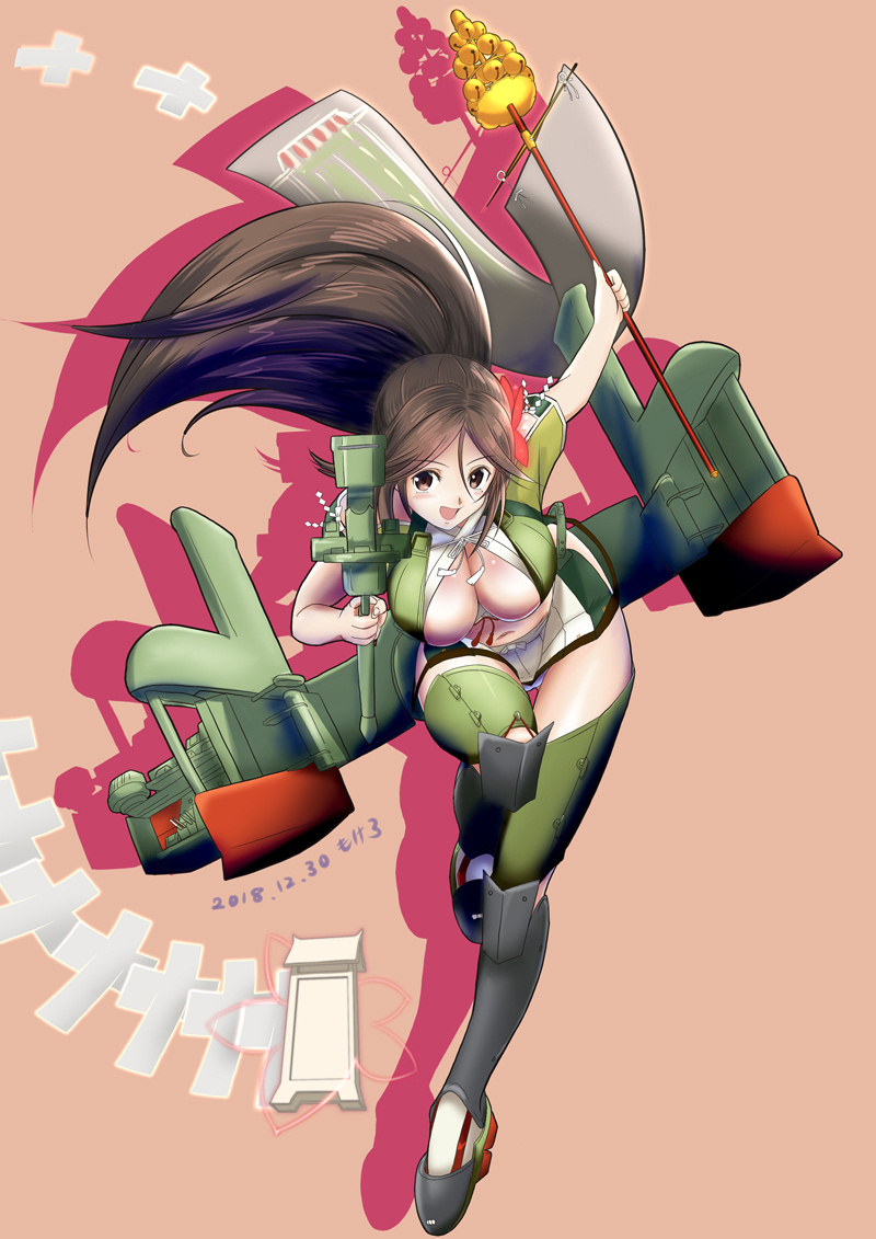 1girl amagi_(kantai_collection) bangs bare_shoulders bell blush bow breasts brown_background brown_eyes brown_hair cleavage cleavage_cutout commentary_request crop_top flight_deck flower full_body green_legwear hair_between_eyes hair_bow hair_flower hair_ornament hair_ribbon hip_vent jingle_bell kantai_collection large_breasts long_hair looking_at_viewer machinery midriff miniskirt mokerou mole mole_under_eye navel no_panties parted_bangs pleated_skirt ponytail ribbon running silhouette skirt smile solo thigh-highs thighs