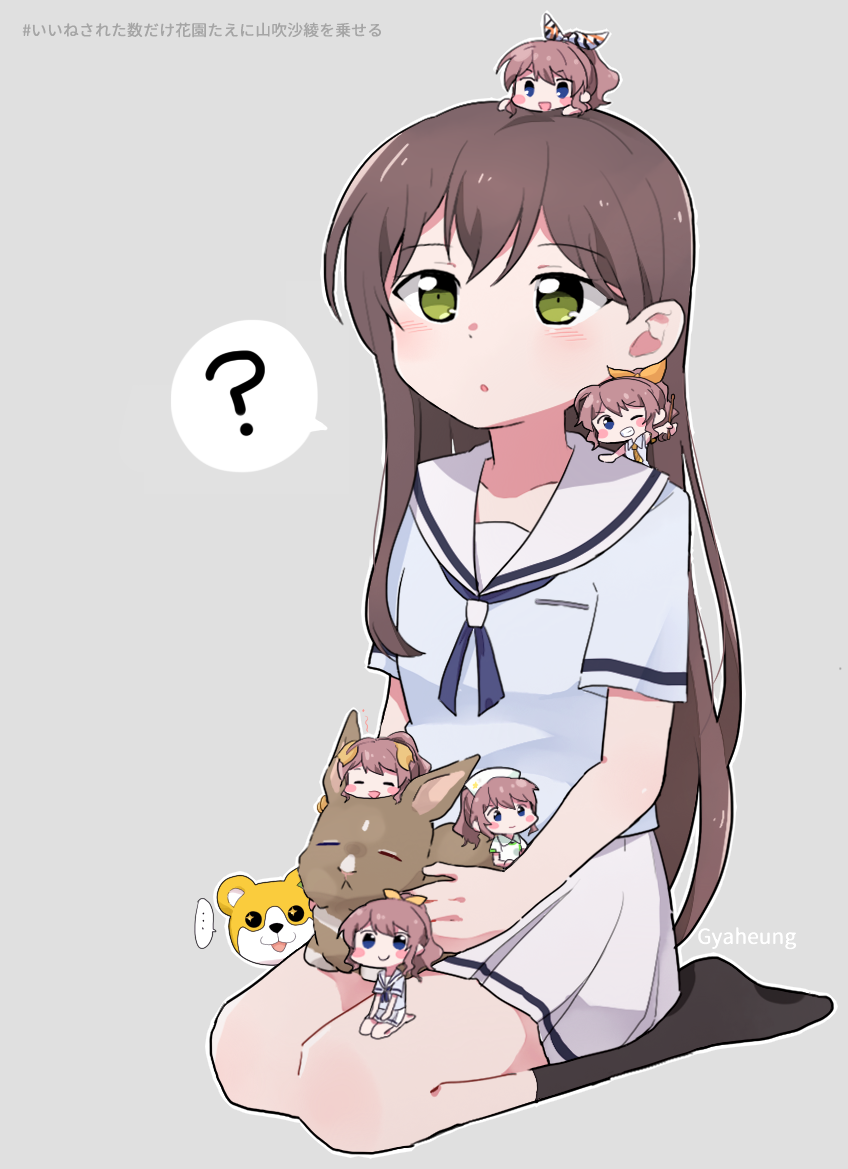 +_+ ... 6+girls :&lt; :3 :o ? alternate_color animal animal_ears animal_on_lap artist_name bang_dream! bangs black_footwear blue_neckwear blue_shirt blush blush_stickers brown_hair dog_ears green_eyes grey_background grin gyaheung hair_ribbon hanasakigawa_school_uniform hanazono_tae hashtag hat holding_drumsticks long_hair looking_at_viewer michelle_(bang_dream!) minigirl multiple_girls multiple_persona neckerchief no_shoes nurse nurse_cap occhan_(bang_dream!) on_head on_lap on_shoulder one_eye_closed orange_ribbon outline pleated_skirt ponytail rabbit ribbon sailor_collar school_uniform seiza shirt short_sleeves sitting skirt smile socks spoken_ellipsis spoken_question_mark striped striped_ribbon translation_request v-shaped_eyebrows white_outline white_sailor_collar white_skirt yamabuki_saaya