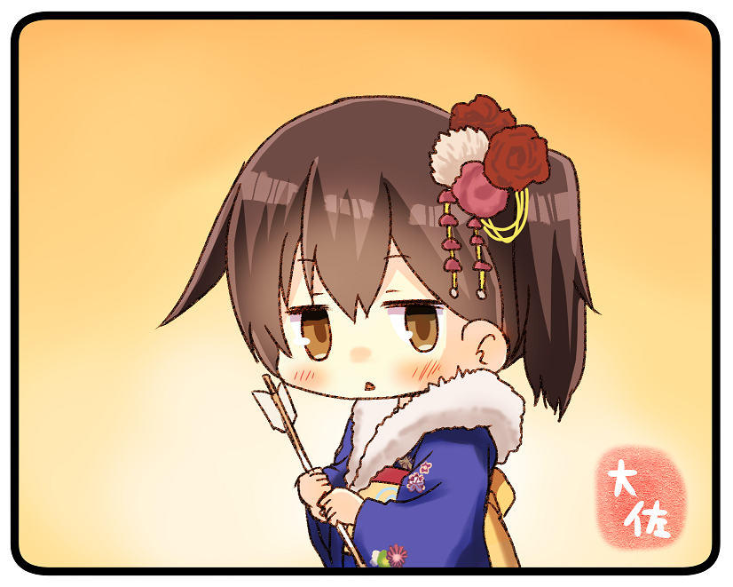 1girl alternate_costume arrow artist_name blush brown_eyes brown_hair commentary_request hair_between_eyes hair_ornament hamaya holding_arrow japanese_clothes kaga_(kantai_collection) kantai_collection long_sleeves obi parted_lips sash short_hair side_ponytail solo taisa_(kari) wide_sleeves