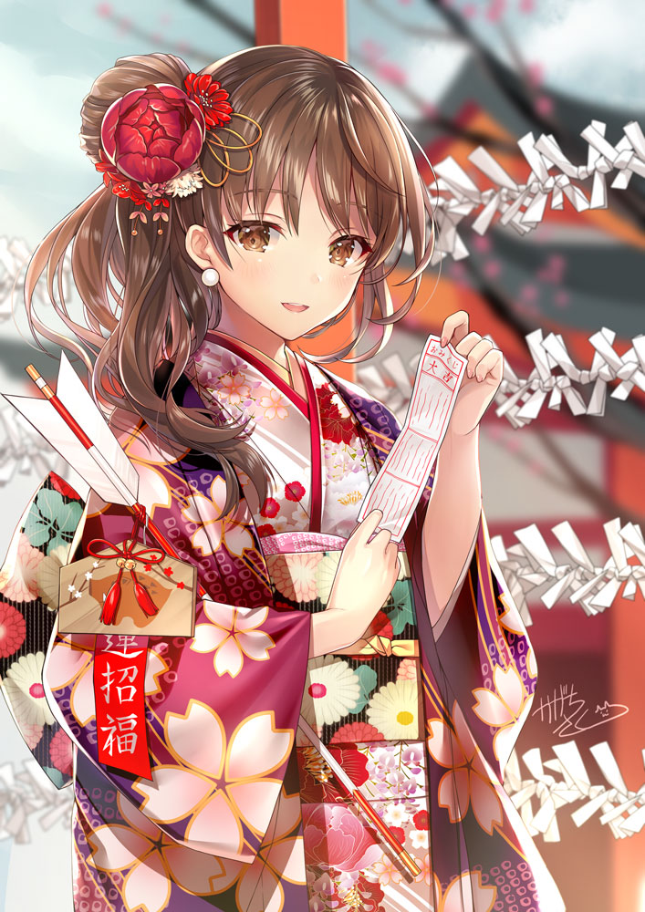 1girl :d arrow bangs blurry blurry_background brown_eyes brown_hair building commentary_request depth_of_field earrings ema eyebrows_visible_through_hair floral_print flower hair_bun hair_flower hair_ornament hamaya holding japanese_clothes jewelry kagachi_saku kimono long_hair long_sleeves nengajou new_year open_mouth original print_kimono red_flower shiny shiny_hair sidelocks signature smile solo standing tree_branch upper_body upper_teeth wide_sleeves
