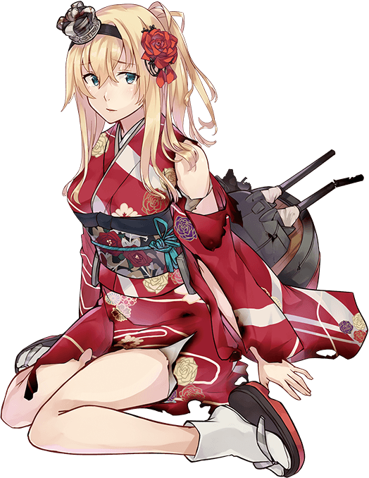 1girl alternate_costume blonde_hair blue_eyes braid corset crane floral_print flower full_body japanese_clothes kantai_collection kimono konishi_(koconatu) machinery official_art ponytail red_flower red_rose rose sandals torn_clothes transparent_background warspite_(kantai_collection) wide_sleeves