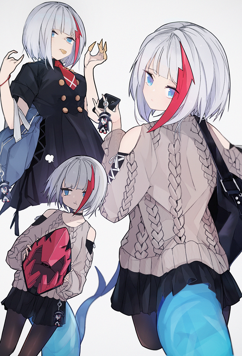 1girl abae admiral_graf_spee_(azur_lane) azur_lane bag bangs blue_eyes cellphone cellphone_charm dress handbag highres multicolored_hair pantyhose phone redhead rigging shark_tail short_hair sidelocks silver_hair skirt solo streaked_hair sweater