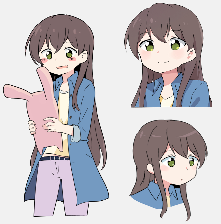 1girl :o bang_dream! bangs belt black_hair blue_shirt blush blush_stickers brown_hair collared_shirt cropped_legs green_eyes grey_background gyaheung hanazono_tae holding holding_stuffed_animal long_sleeves multiple_views open_mouth pants purple_pants shirt simple_background smile stuffed_animal stuffed_bunny stuffed_toy upper_body yellow_shirt