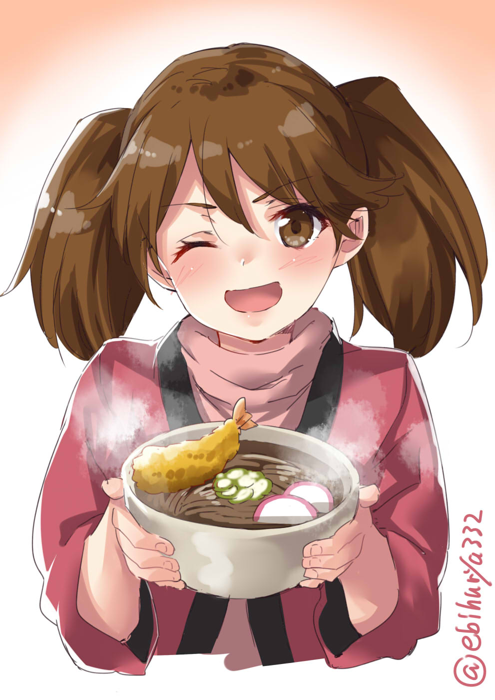 1girl bowl brown_eyes brown_hair ebifurya food gradient gradient_background happi highres holding holding_bowl japanese_clothes kantai_collection long_hair looking_at_viewer noodles one_eye_closed open_mouth orange_background pink_sweater ramen ryuujou_(kantai_collection) solo sweater twintails twitter_username upper_body white_background