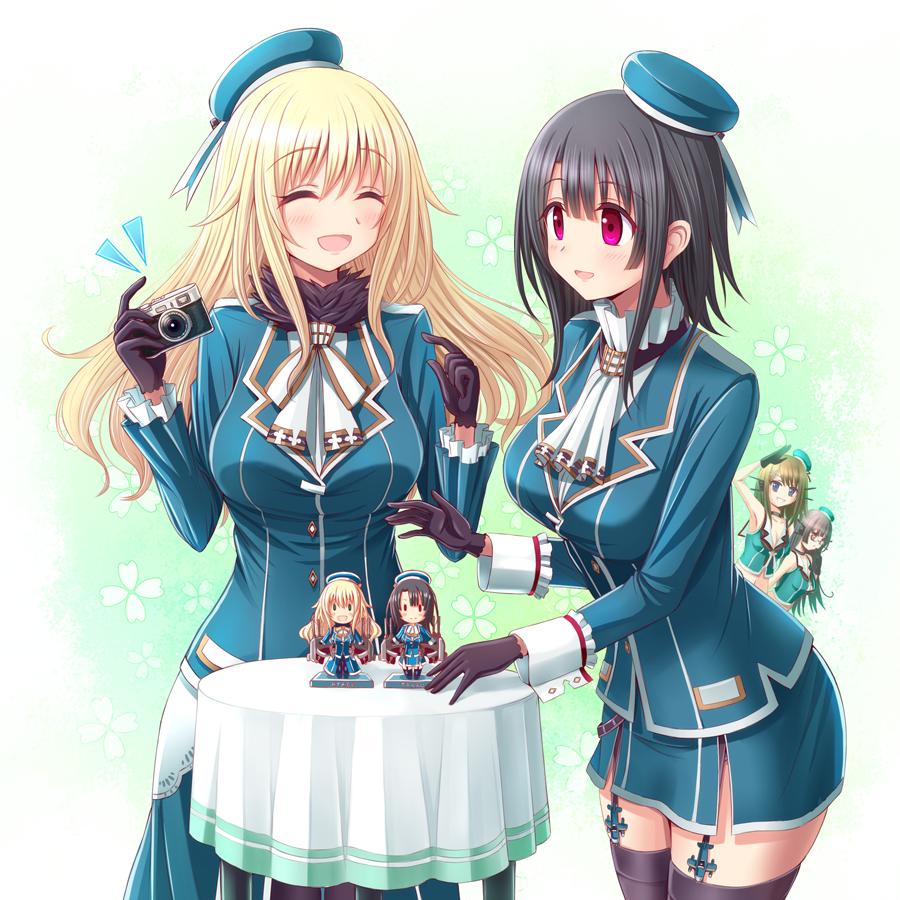 4girls atago_(kantai_collection) beret black_gloves black_hair black_legwear blonde_hair blue_eyes blue_hat blush breasts brown_hair character_doll choukai_(kantai_collection) closed_eyes closed_mouth eyebrows_visible_through_hair garter_straps glasses gloves gradient gradient_background hair_between_eyes hair_ornament hairclip hat headgear kantai_collection large_breasts long_hair maya_(kantai_collection) military military_uniform miniskirt multiple_girls open_mouth pleated_skirt red_eyes remodel_(kantai_collection) rizuriri school_uniform serafuku short_hair skirt smile takao_(kantai_collection) thigh-highs turret uniform white_skirt x_hair_ornament