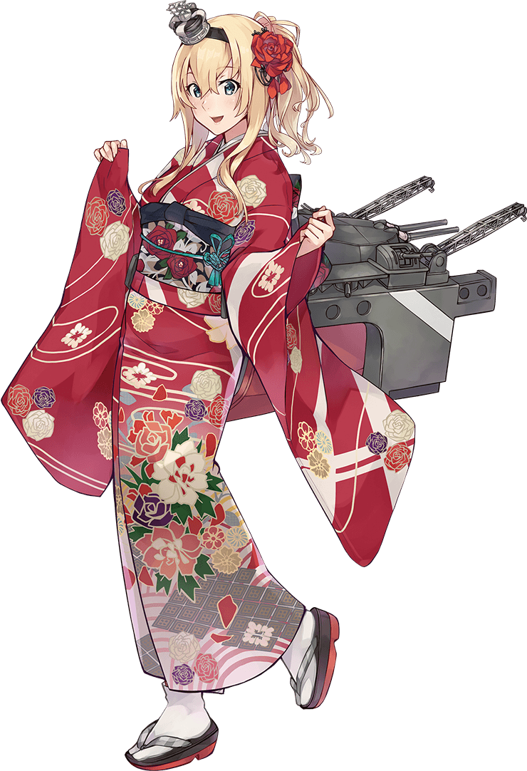 1girl blonde_hair blue_eyes braid corset crane floral_print flower french_braid full_body japanese_clothes kantai_collection kimono konishi_(koconatu) long_hair machinery official_art ponytail red_flower red_rose rose sandals standing transparent_background warspite_(kantai_collection)