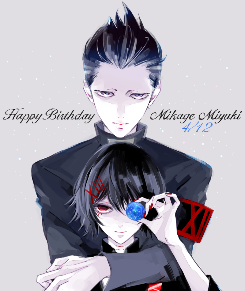 2boys androgynous black_hair black_shirt closed_mouth commentary_request covering fingernails grey_background hair_between_eyes hair_ornament hairclip half-closed_eyes happy_birthday holding hug hug_from_behind kenkoumineral13 looking_at_viewer male_focus mikage_miyuki multiple_boys nail_polish number one_eye_covered open_eyes orb out_of_frame pale_skin red_eyes red_nails roman_numerals shirt short_hair short_sleeves simple_background stitched_face stitches suspenders suzuya_juuzou tokyo_ghoul tokyo_ghoul:re violet_eyes x_hair_ornament