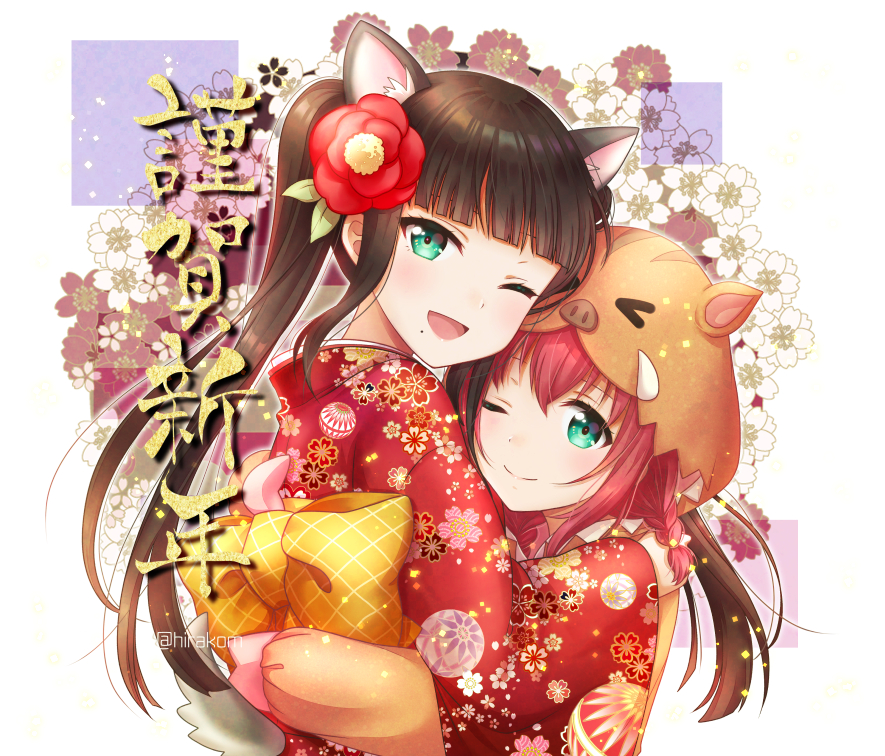2girls ;) ;d animal_ears animal_hat back_bow bangs blunt_bangs bow braid chinese_zodiac floral_background floral_print flower gloves green_eyes hair_flower hair_ornament happy_new_year hat hirako hug japanese_clothes kimono kurosawa_dia kurosawa_ruby long_hair looking_at_viewer love_live! love_live!_sunshine!! mole mole_under_mouth multiple_girls new_year one_eye_closed open_mouth paw_gloves paws pig_hat red_flower red_kimono siblings sisters smile translated twintails twitter_username upper_body year_of_the_pig