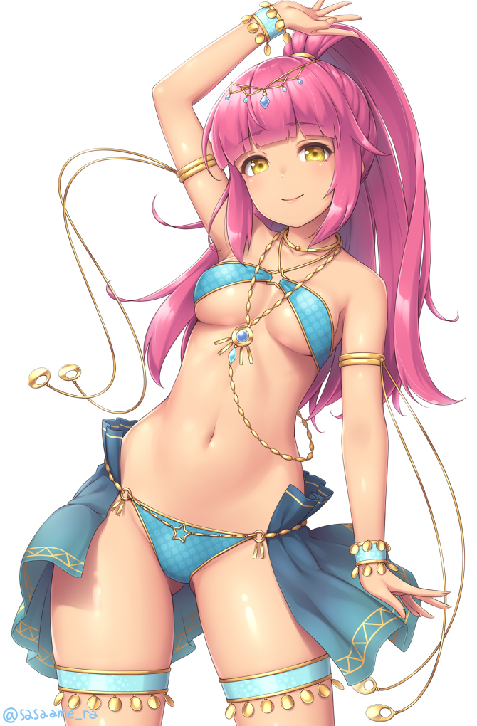 1girl arm_up armlet bangs bare_shoulders blunt_bangs bracelet breasts cowboy_shot dancer eyebrows_visible_through_hair gluteal_fold high_ponytail jewelry long_hair looking_at_viewer medium_breasts navel necklace o-ring o-ring_bottom original pink_hair ponytail sasaame showgirl_skirt simple_background smile solo star_ring_top stomach thighlet twitter_username white_background yellow_eyes