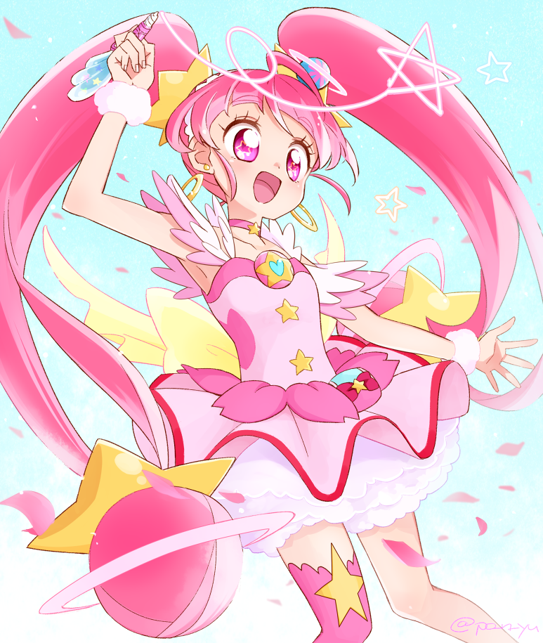 1girl :d ahoge aqua_background choker cowboy_shot cure_star dress earrings holding holding_pen hoshina_hikaru jewelry long_hair magical_girl open_mouth pen petticoat pink_dress pink_eyes pink_hair pink_legwear pink_neckwear planet_hair_ornament precure single_thighhigh smile solo star star_choker star_in_eye star_twinkle_precure symbol_in_eye thigh-highs twintails wrist_cuffs yui_(kanatamoo)