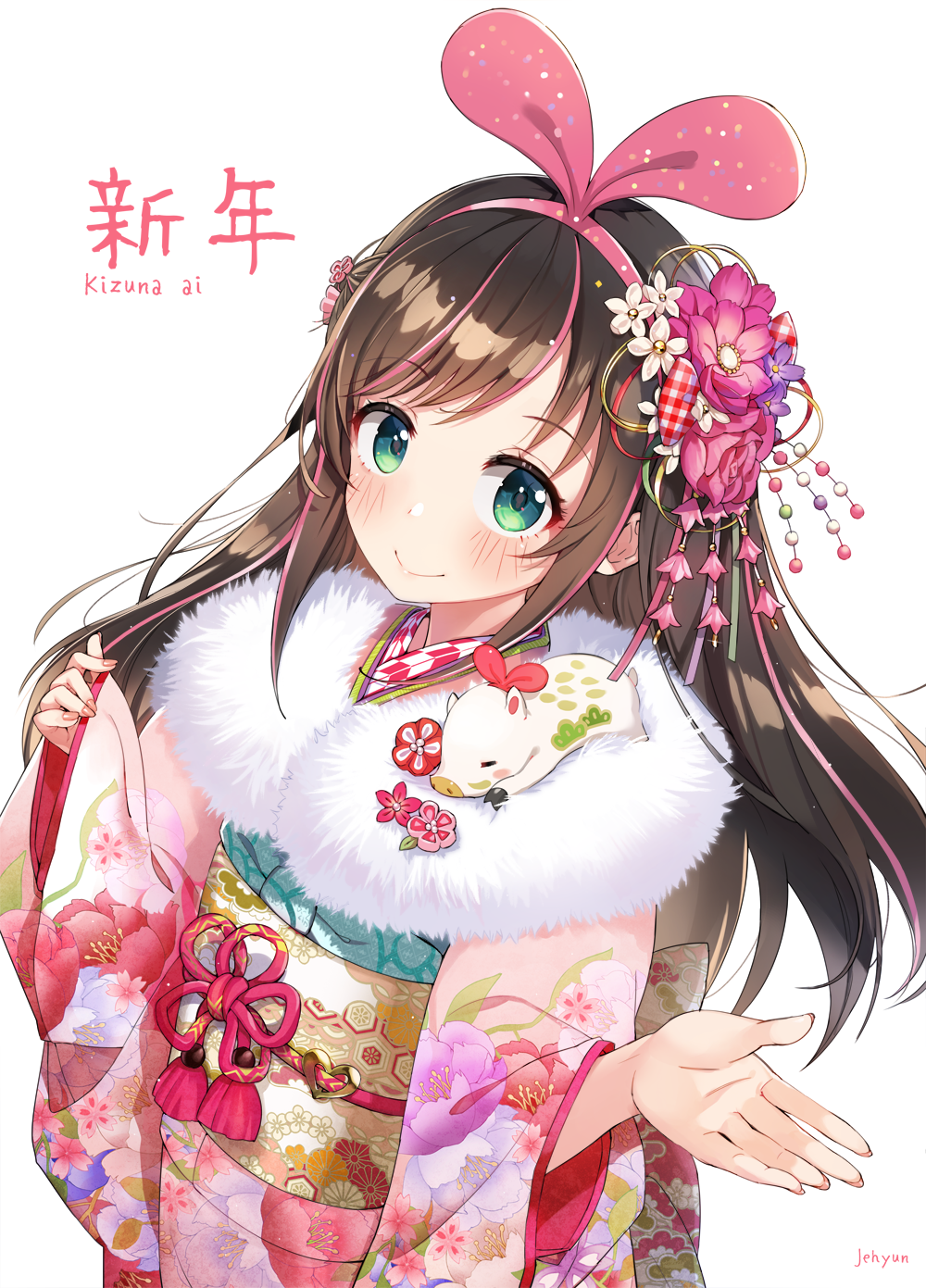 1girl a.i._channel artist_name blush brown_hair character_name closed_mouth eyebrows_visible_through_hair fingernails floral_print flower fur_collar fur_trim green_eyes hair_flower hair_ornament hair_ribbon hairband highres japanese_clothes jehyun kimono kizuna_ai long_hair long_sleeves looking_at_viewer multicolored_hair obi pink_flower pink_hair pink_hairband pink_kimono pink_ribbon pink_rose print_kimono purple_flower ribbon rose sash signature simple_background sleeves_past_wrists smile solo streaked_hair very_long_hair virtual_youtuber white_background white_flower wide_sleeves