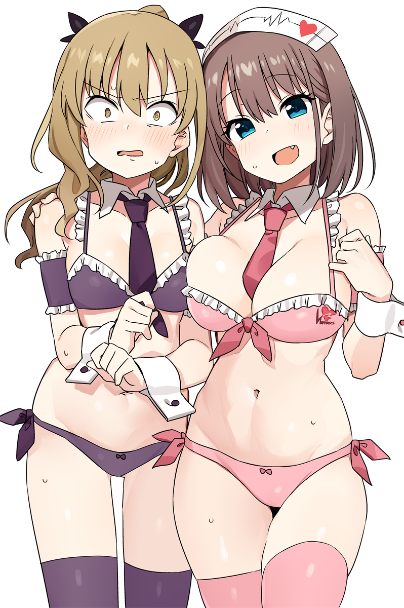 2girls :d @_@ armband asymmetrical_docking bangs bare_shoulders black_ribbon blonde_hair blue_eyes blush bra breast_press breasts brown_hair cleavage collar collarbone cowboy_shot detached_collar embarrassed eyebrows_visible_through_hair fang frilled_bra frills front-tie_bra groin hair_ribbon hand_on_another's_shoulder hand_up hat head_tilt heart highres knee_up large_breasts long_hair looking_at_viewer medium_breasts multiple_girls navel necktie nurse_cap open_mouth panties pink_bra pink_legwear pink_neckwear pink_panties ponytail purple_bra purple_legwear purple_neckwear purple_panties ribbon saki shisoneri short_hair side-by-side side-tie_panties sidelocks simple_background skindentation smile standing stomach sweat thigh-highs underwear unozawa_shiori v-shaped_eyebrows watanabe_rune wavy_hair wavy_mouth white_background white_collar wrist_cuffs