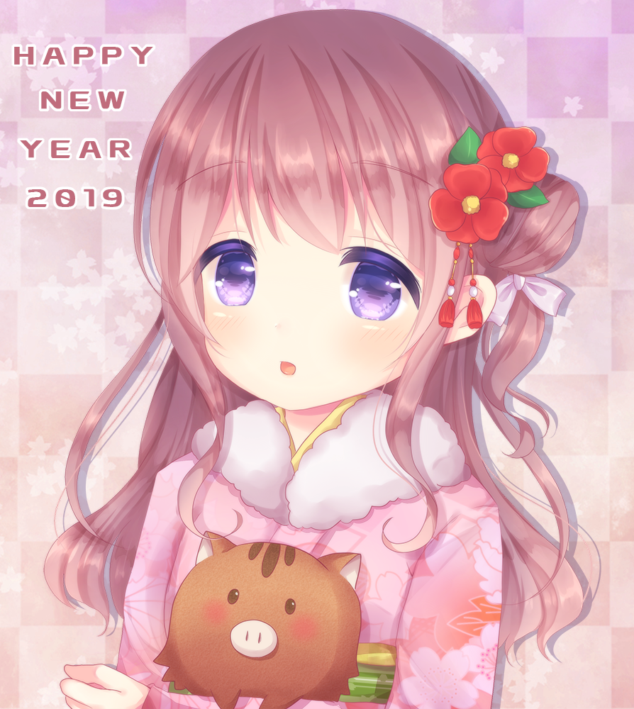 1girl 2019 animal blush brown_hair caramel_(caramelmilk) checkered checkered_background chinese_zodiac commentary_request floral_print flower fur_collar hair_bun hair_flower hair_ornament happy_new_year japanese_clothes kimono long_hair long_sleeves looking_at_viewer new_year obi one_side_up original parted_lips pig pink_kimono print_kimono red_flower sash side_bun sleeves_past_wrists solo violet_eyes year_of_the_pig