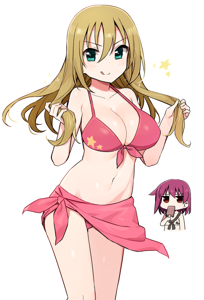 2girls :q bangs bare_arms bare_shoulders bikini blonde_hair blush breasts chibi cleavage closed_mouth collarbone cropped_torso floating_hair food frilled_bikini frills front-tie_bikini front-tie_top green_eyes hair_between_eyes halterneck hands_up highres holding holding_hair jitome large_breasts long_hair looking_at_viewer miyanaga_teru multiple_girls navel oohoshi_awai pink_bikini popsicle purple_hair red_eyes saki sarong shisoneri simple_background smile standing star star_print stomach swimsuit thighs tongue tongue_out v-shaped_eyebrows white_background white_bikini