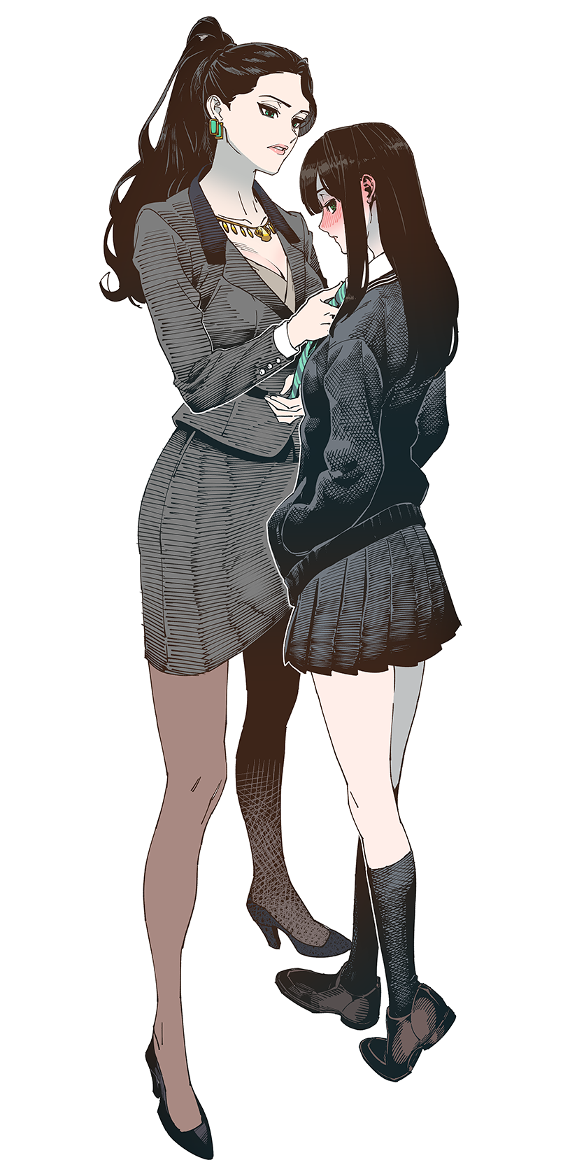 2girls bangs black_footwear black_hair black_legwear black_sweater blush breasts brown_footwear business_suit cleavage collared_shirt earrings executive_mishiro formal gado green_eyes green_neckwear hair_pulled_back hands_in_pockets high_heels highres idolmaster idolmaster_cinderella_girls jewelry legs long_hair long_sleeves looking_at_another looking_back multiple_girls necklace office_lady pantyhose parted_lips pencil_skirt pleated_skirt ponytail school_uniform shibuya_rin shirt skirt skirt_suit standing suit sweater white_shirt