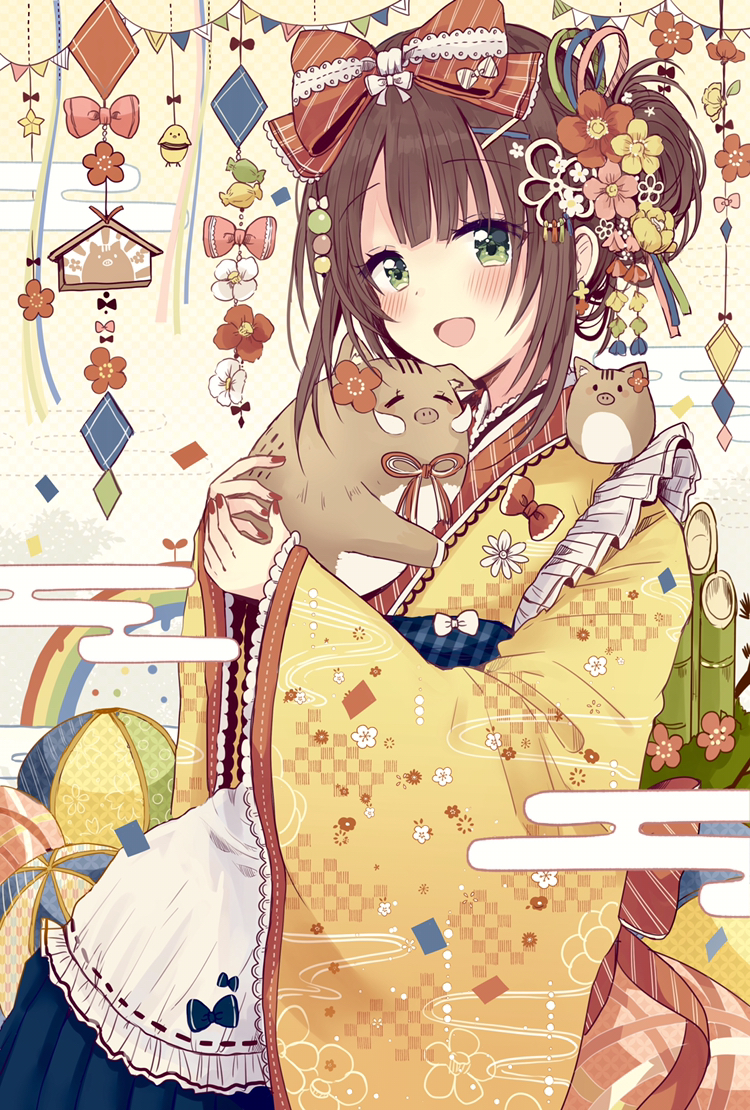 1girl :d animal apron bangs blue_skirt blush bow brown_bow brown_hair chinese_zodiac commentary_request egasumi eyebrows_visible_through_hair fingernails flower frilled_apron frilled_sleeves frills green_eyes hair_bow hair_flower hair_ornament hairclip japanese_clothes kimono long_sleeves nail_polish nengajou new_year open_mouth original pennant pig pink_flower red_flower red_nails sakura_oriko short_kimono sidelocks skirt sleeves_past_wrists smile solo string_of_flags waist_apron white_apron white_flower wide_sleeves x_hair_ornament year_of_the_pig yellow_flower yellow_kimono