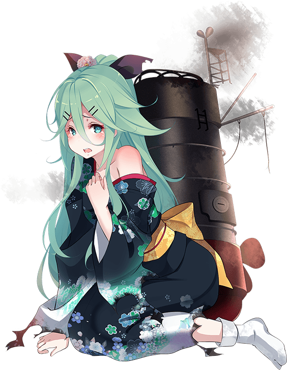 1girl bare_shoulders blush green_eyes green_hair hair_ornament hairclip japanese_clothes kantai_collection kimono kneeling kujou_ichiso long_hair looking_at_viewer machinery official_art ribbon sandals smoke solo tabi torn_clothes transparent_background wide_sleeves yamakaze_(kantai_collection)