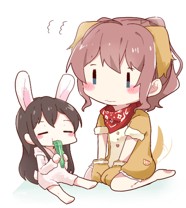 2girls animal_costume animal_ears bang_dream! bangs barefoot between_legs black_hair blue_eyes blush_stickers brown_hair bunny_costume bunny_tail closed_eyes dog_costume dog_ears dog_tail eating food gloves gyaheung hanazono_tae hand_between_legs holding holding_food hood hood_down lettuce minigirl multiple_girls paw_gloves paws ponytail rabbit_ears red_bandana sitting tail white_background yamabuki_saaya