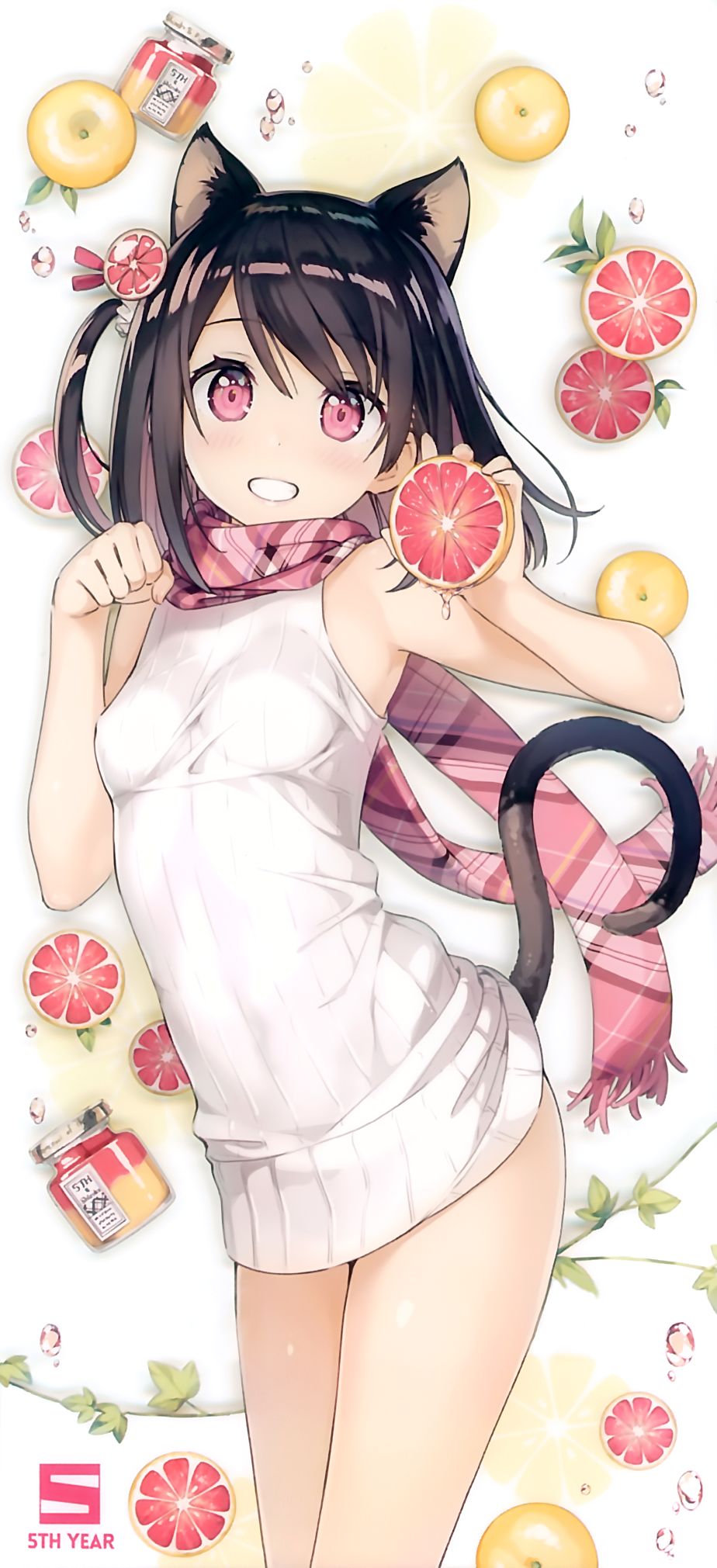 1girl :d animal_ears black_hair breasts cat_ears cat_tail cowboy_shot dress eyebrows_visible_through_hair grapefruit highres kantoku looking_at_viewer medium_hair one_side_up open_mouth original paw_pose pink_eyes plaid plaid_scarf ribbed_dress scan scarf shizuku_(kantoku) short_dress small_breasts smile solo tail taut_clothes taut_dress teeth white_dress