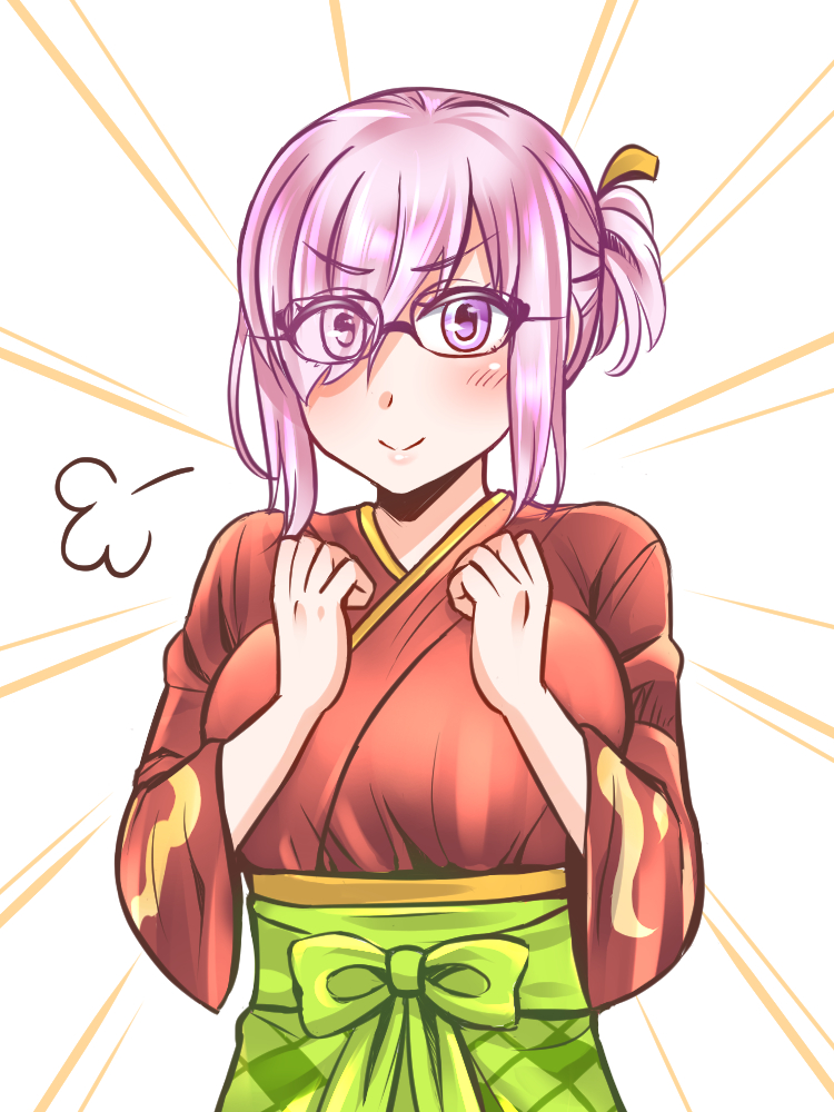 &gt;:) 1girl alternate_hairstyle breasts closed_mouth eyes_visible_through_hair fate/grand_order fate_(series) glasses hair_over_one_eye japanese_clothes kimono lavender_hair looking_at_viewer mabo-udon mash_kyrielight obi sash short_hair smile solo upper_body v-shaped_eyebrows violet_eyes