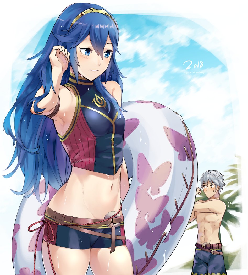 1boy 1girl 2018 a_meno0 bikini_shorts blue_eyes blue_hair blue_shorts blush breasts crop_top diadem fire_emblem fire_emblem:_kakusei hair_between_eyes hand_in_hair holding innertube long_hair looking_at_viewer lucina male_my_unit_(fire_emblem:_kakusei) micro_shorts midriff my_unit_(fire_emblem:_kakusei) navel nintendo parted_lips shiny shiny_hair shorts silver_hair sleeveless small_breasts standing stomach stretch sweatdrop wet