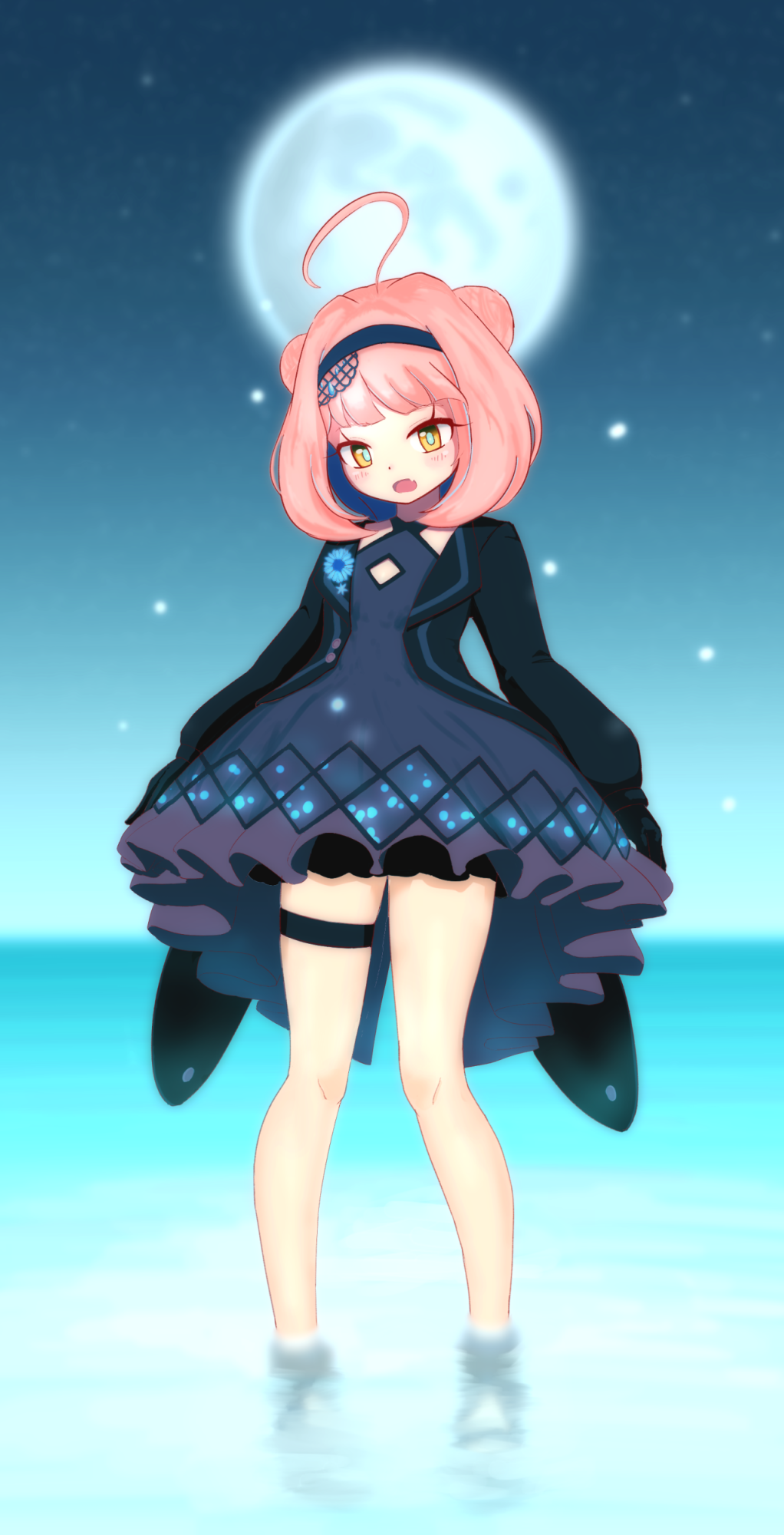 1girl ahoge alternate_costume alternate_hairstyle azur_lane blush commentary_request double_bun dress fang flat_chest headband highres looking_at_viewer moon night night_sky ocean open_mouth pink_hair short_hair sky solo standing standing_on_liquid tuxedo u-81_(azur_lane) yellow_eyes