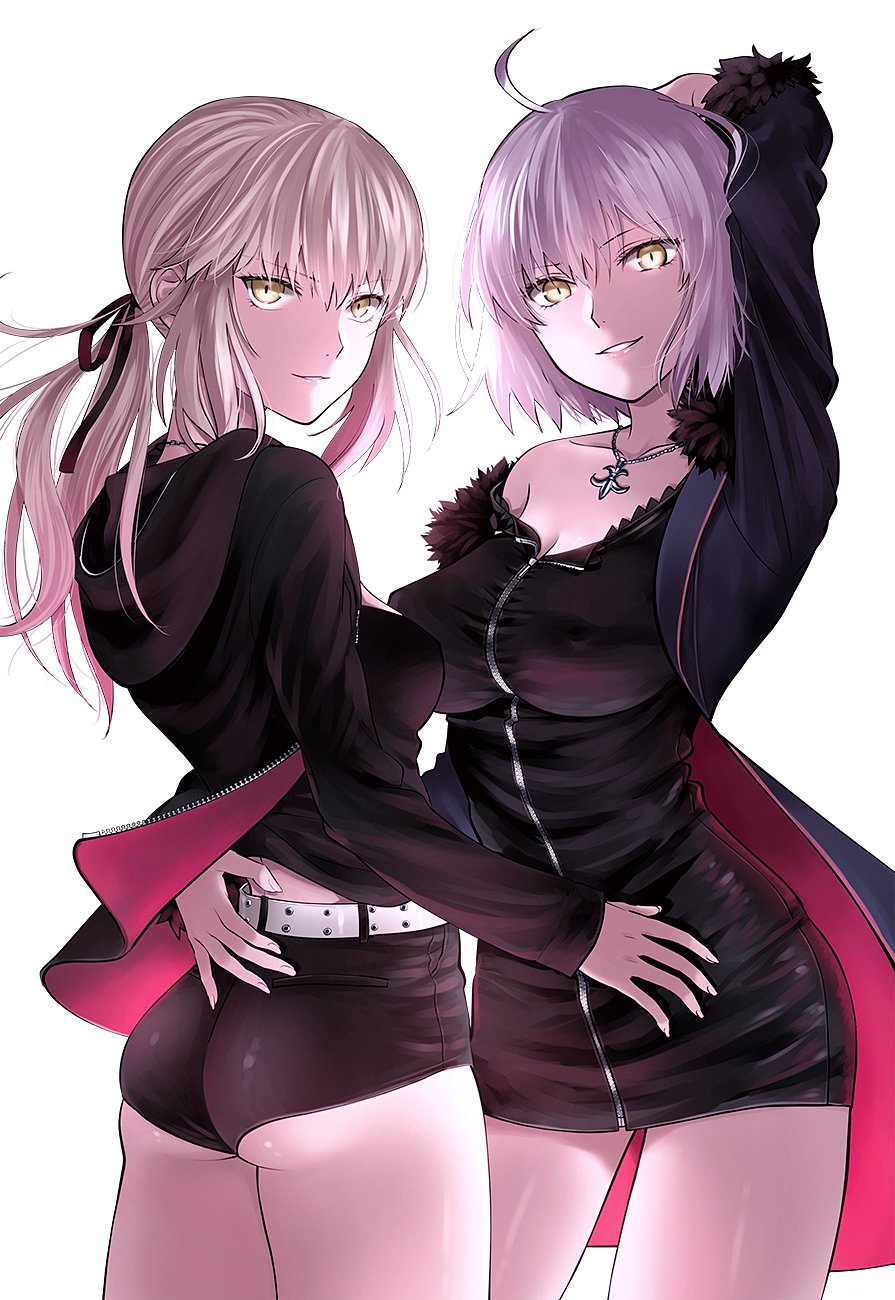 2girls ahoge arm_behind_head arm_up artoria_pendragon_(all) ass bangs bare_shoulders belt black_dress black_jacket black_ribbon black_shorts blonde_hair breasts cleavage collarbone commentary_request dress erect_nipples eyebrows eyebrows_visible_through_hair eyelashes eyelashes_visible_through_hair fate/grand_order fate_(series) female_ass fur_trim grin happy_new_year highres holding_another hood hoodie jacket jeanne_d'arc_(alter)_(fate) jeanne_d'arc_(fate)_(all) jewelry large_breasts long_hair looking_at_viewer multiple_girls necklace new_year off_shoulder ponytail ribbon saber_alter short_dress short_hair short_shorts shorts sidelocks silver_hair smile standing sushimaro thighs white_belt yellow_eyes