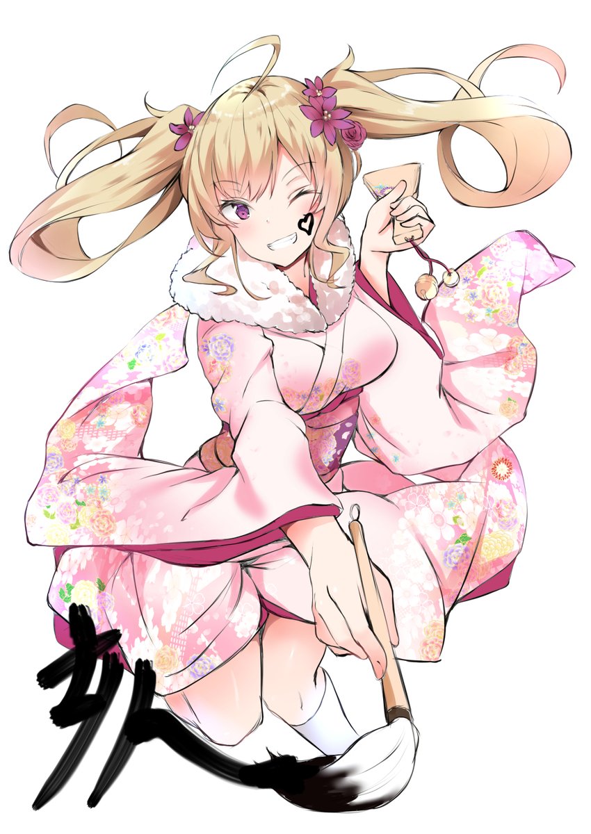 1girl ;d ahoge bangs bell blonde_hair breasts commentary_request eyebrows_visible_through_hair facial_mark floating_hair floral_print flower full_body fur_collar grin hair_flower hair_ornament hand_up heart highres holding japanese_clothes jingle_bell kimono kneehighs leg_up long_hair long_sleeves looking_at_viewer medium_breasts nijisanji obi one_eye_closed open_mouth paintbrush pink_kimono print_kimono purple_flower purple_rose rose sash sidelocks simple_background smile solo takamiya_rion teeth thighs twintails v-shaped_eyebrows violet_eyes virtual_youtuber white_background white_legwear wide_sleeves yukishiro_arute