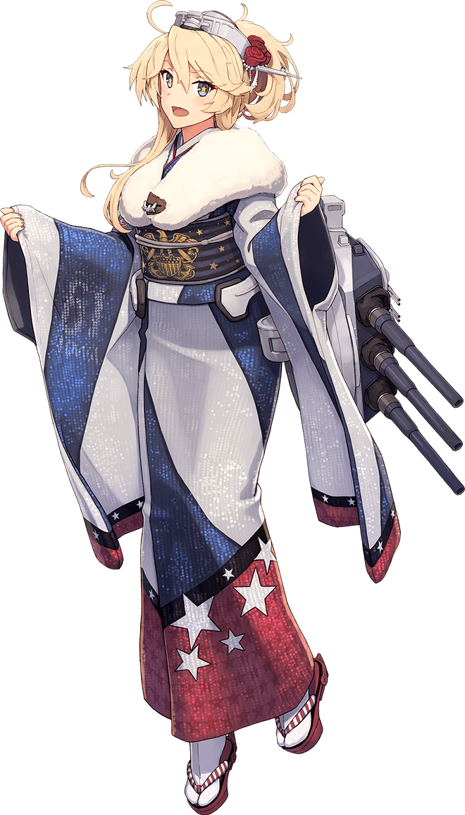 1girl american_flag blonde_hair blue_eyes blue_nails flag_print flower full_body furisode headgear iowa_(kantai_collection) japanese_clothes kantai_collection kimono long_hair multicolored multicolored_nails nail_polish official_art open_mouth red_nails rose sandals shizuma_yoshinori smile solo standing star star-shaped_pupils symbol-shaped_pupils tabi transparent_background turret