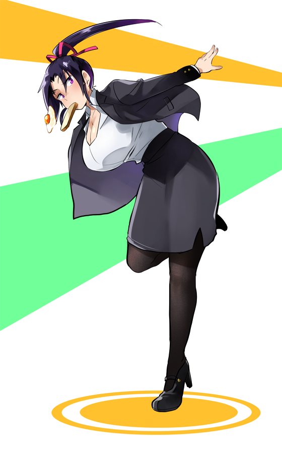 1girl black_footwear black_hair black_jacket black_legwear black_skirt breasts business_suit cleavage collarbone collared_shirt commentary_request egg eyebrows_visible_through_hair food food_in_mouth formal full_body hair_ribbon hannpen5500 high_heels jacket kousaka_shigure large_breasts long_hair long_sleeves looking_at_viewer mouth_hold office_lady open_clothes open_jacket pantyhose pink_ribbon ponytail ribbon shijou_saikyou_no_deshi_ken'ichi shirt simple_background skirt skirt_suit solo standing suit toast toast_in_mouth violet_eyes
