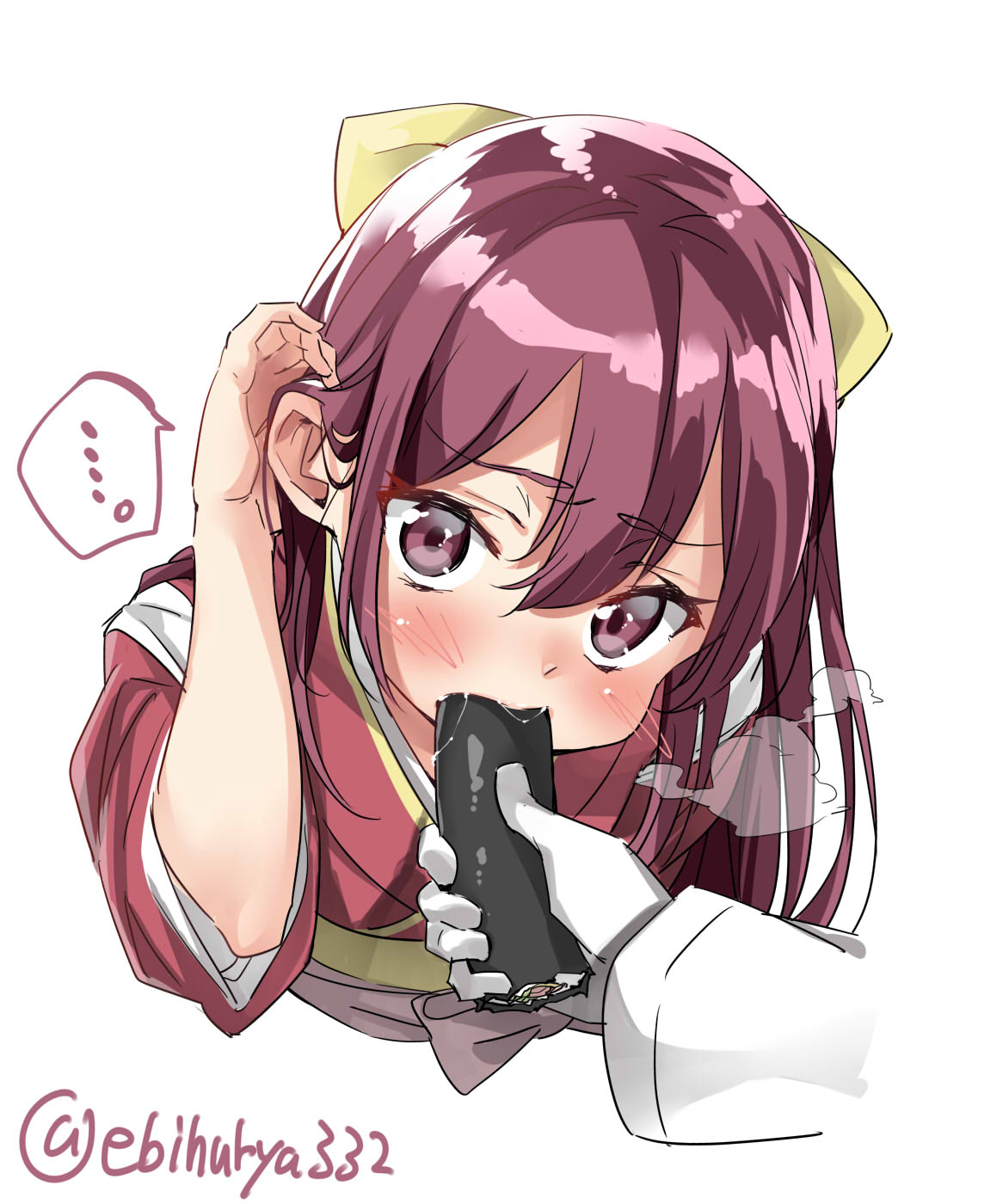 1girl bangs blush bow commentary_request eating ebifurya eyebrows_visible_through_hair food hair_between_eyes hair_bow hair_ribbon hakama highres japanese_clothes kamikaze_(kantai_collection) kantai_collection long_hair looking_at_viewer open_mouth pink_hakama purple_hair ribbon saliva sexually_suggestive simple_background standing steam violet_eyes white_background