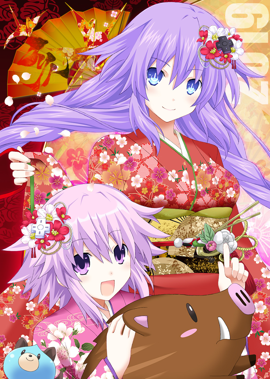 :d alternate_costume blue_eyes blush braid breasts commentary_request d-pad d-pad_hair_ornament dogoo dual_persona floral_print flower hair_between_eyes hair_flower hair_ornament highres japanese_clothes kagura_ittou kimono long_hair looking_at_viewer medium_breasts medium_hair neptune_(choujigen_game_neptune) neptune_(series) new_year open_mouth pointing pointing_at_self power_symbol purple_hair purple_heart red_kimono smile symbol-shaped_pupils twin_braids twintails very_long_hair violet_eyes