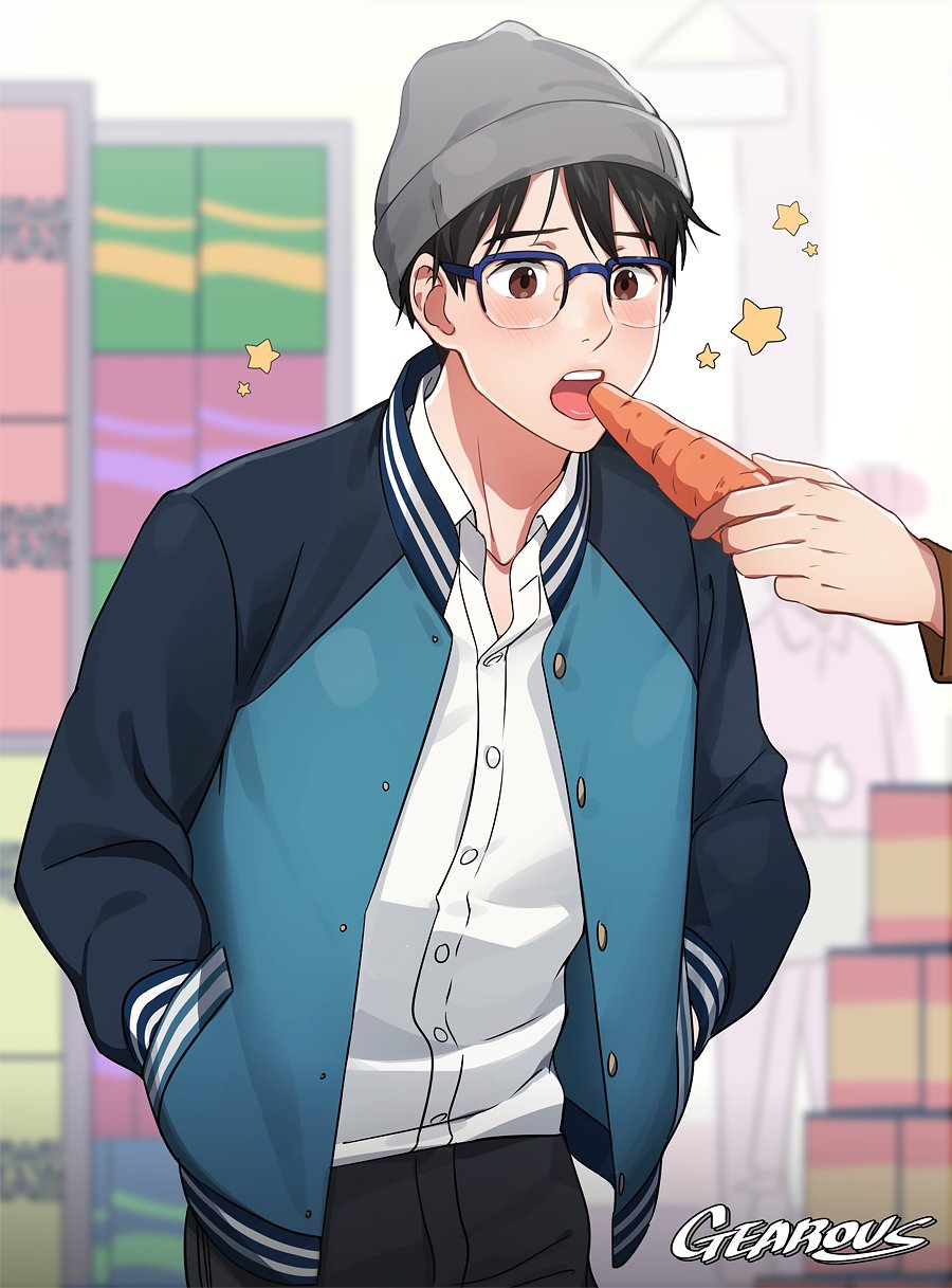 1boy artist_name black_hair blue-framed_eyewear blurry blurry_background blush brown_eyes carrot commentary expressionless feeding food gearous glasses grey_hat hands hands_in_pockets hat highres jacket katsuki_yuuri long_sleeves male_focus open_mouth pants shirt short_hair solo_focus standing star symbol_commentary upper_body vegetable white_shirt yuri!!!_on_ice