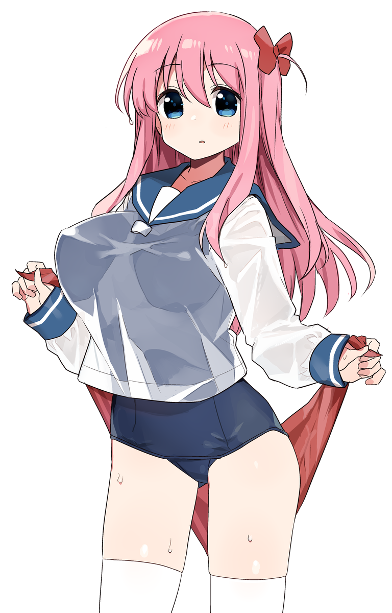 1girl :o bangs blue_eyes blue_sailor_collar blue_swimsuit bow breasts collarbone cowboy_shot eyebrows_visible_through_hair hair_between_eyes hair_bow handkerchief haramura_nodoka highres holding large_breasts long_hair long_sleeves looking_at_viewer one_side_up parted_lips pink_hair red_bow sailor_collar sailor_shirt saki school_swimsuit see-through shirt shisoneri sidelocks simple_background sleeves_past_wrists solo standing sweat swimsuit swimsuit_under_clothes thigh-highs thighs wet wet_clothes white_background white_legwear white_shirt