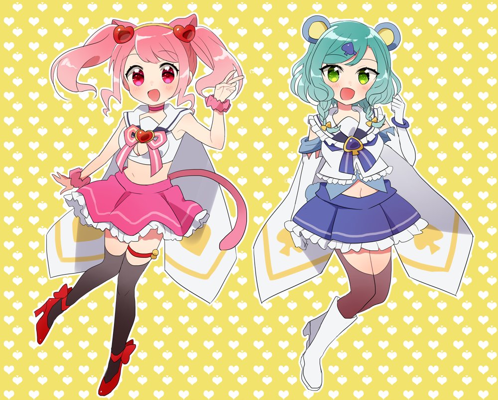 2girls :d animal_ears ankle_strap aqua_hair bang_dream! bangs bear_ears black_legwear blue_neckwear blue_skirt blush boots bow bracelet brooch cat_ears cat_tail clenched_hand commentary_request cosplay crop_top elbow_gloves frilled_skirt frills full_body gloves green_eyes hair_ornament hairband hand_up heart heart_background heart_hair_ornament high_heels hikawa_hina jewelry looking_at_viewer maruyama_aya midriff miyuara multiple_girls navel neck_ribbon open_mouth outline pink_eyes pink_hair pink_neckwear pink_scrunchie pink_skirt pleated_skirt red_footwear ribbon rosia_(show_by_rock!!) rosia_(show_by_rock!!)_(cosplay) sailor_collar scrunchie shirt short_hair show_by_rock!! side_braids sidelocks skirt sleeveless sleeveless_shirt smile spade_hair_ornament tail thigh-highs thigh_strap tsukino_(show_by_rock!!) tsukino_(show_by_rock!!)_(cosplay) twintails v white_footwear white_gloves white_outline white_shirt wrist_scrunchie yellow_background yellow_bow
