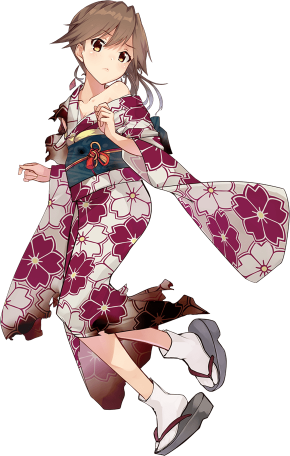 1girl arashio_(kantai_collection) brown_eyes brown_hair burnt_clothes floral_print flower geta hair_bun hair_flower hair_ornament japanese_clothes kantai_collection kimono konishi_(koconatu) looking_at_viewer new_year obi official_art patterned_clothing sash smile tied_hair torn_clothes