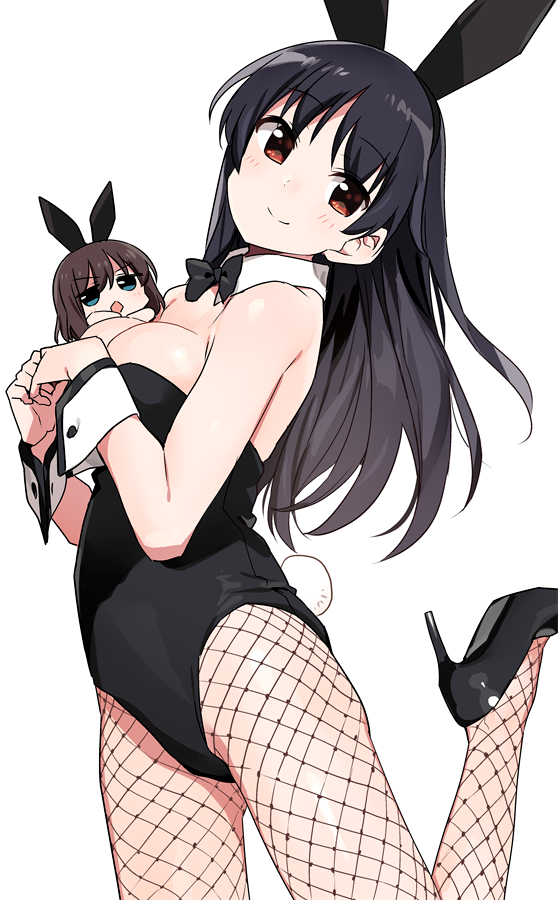 2girls :&lt;&gt; animal_ears armpit_crease bangs bare_arms bare_shoulders black_footwear black_hair black_hairband black_leotard black_neckwear blush bow bowtie breasts brown_hair bunny_girl bunny_tail bunnysuit chibi cleavage closed_mouth detached_collar eyebrows_visible_through_hair fake_animal_ears fishnet_pantyhose fishnets green_eyes hairband hands_together head_tilt high_heels leg_up leotard long_hair looking_at_viewer looking_to_the_side medium_breasts multiple_girls onjouji_toki open_mouth pantyhose rabbit_ears red_eyes saki saki_achiga-hen shimizudani_ryuuka shisoneri short_hair simple_background smile standing standing_on_one_leg tail thighs v-shaped_eyebrows white_background wrist_cuffs