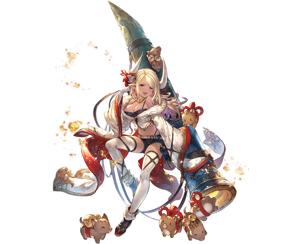 1girl animal bangs bare_shoulders bell belt blonde_hair boots breasts brown_eyes cleavage dark_skin draph earrings full_body fur_trim granblue_fantasy horns jewelry jingle_bell kuvira_(granblue_fantasy) large_breasts leg_up long_hair looking_at_viewer midriff minaba_hideo navel official_art open_mouth parted_bangs shorts smile solo thigh-highs transparent_background white_legwear wide_sleeves