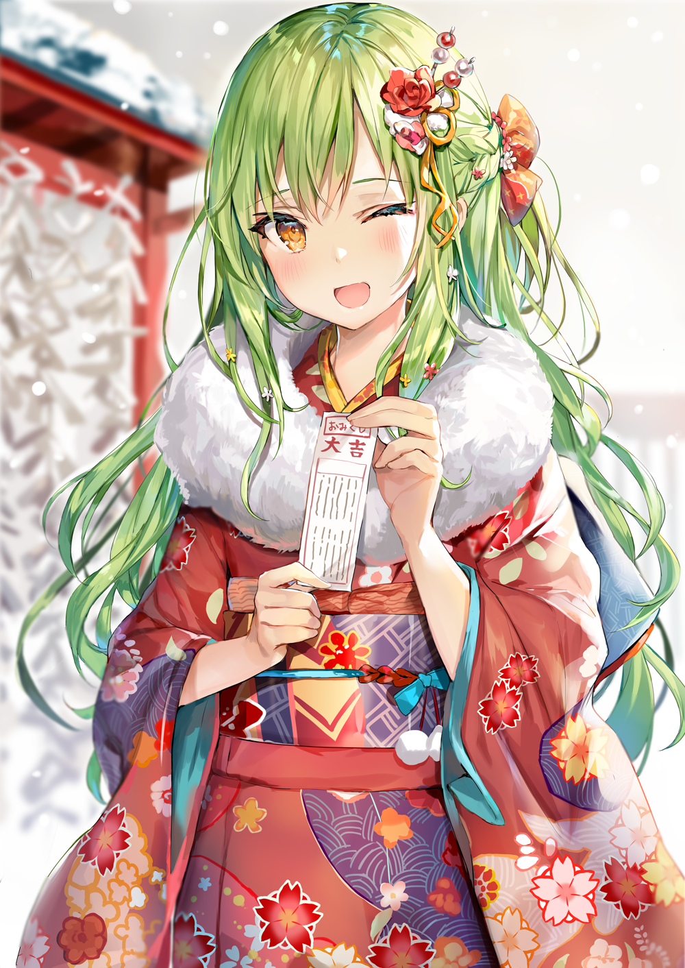 1girl ;d bangs blurry blurry_background blush braid brown_eyes commentary_request depth_of_field floral_print flower french_braid fur_collar green_hair hair_flower hair_ornament hair_ribbon highres holding japanese_clothes kimono long_hair long_sleeves looking_at_viewer momoko_(momopoco) nengajou new_year obi one_eye_closed open_mouth original outdoors print_kimono red_flower red_kimono ribbon sash sidelocks smile snowing solo standing upper_body wide_sleeves