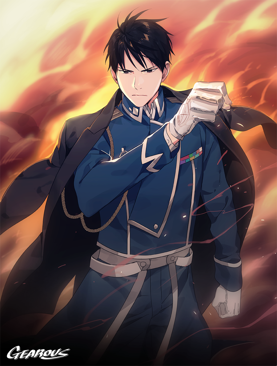 1boy amestris_military_uniform arm_at_side artist_name black_coat black_eyes black_hair clothes_lift coat commentary cowboy_shot english_commentary expressionless fire frown fullmetal_alchemist gearous gloves looking_away male_focus military military_uniform mixed-language_commentary roy_mustang serious short_hair smoke sparkle uniform upper_body wind wind_lift