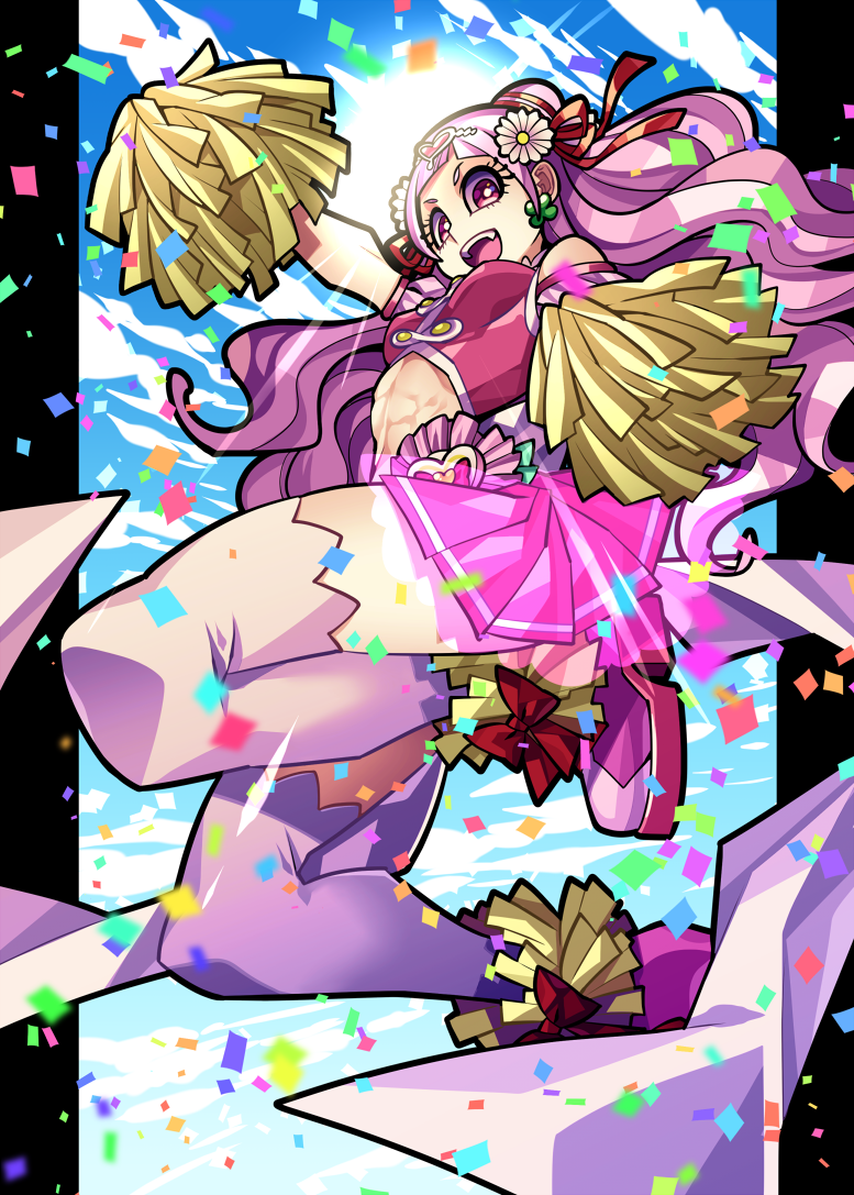 1girl :d abs back_bow bow clouds confetti cure_yell earrings flower full_body hair_bun hair_flower hair_ornament hair_ribbon heart heart_hair_ornament hugtto!_precure jewelry jumping layered_skirt long_hair looking_at_viewer magical_girl ninomae nono_hana open_mouth pillarboxed pink_eyes pink_footwear pink_hair pink_shirt pink_skirt pom_poms precure red_bow red_ribbon ribbon see-through shirt shoes skirt sky sleeveless sleeveless_shirt smile solo thigh-highs toned white_bow white_legwear zettai_ryouiki