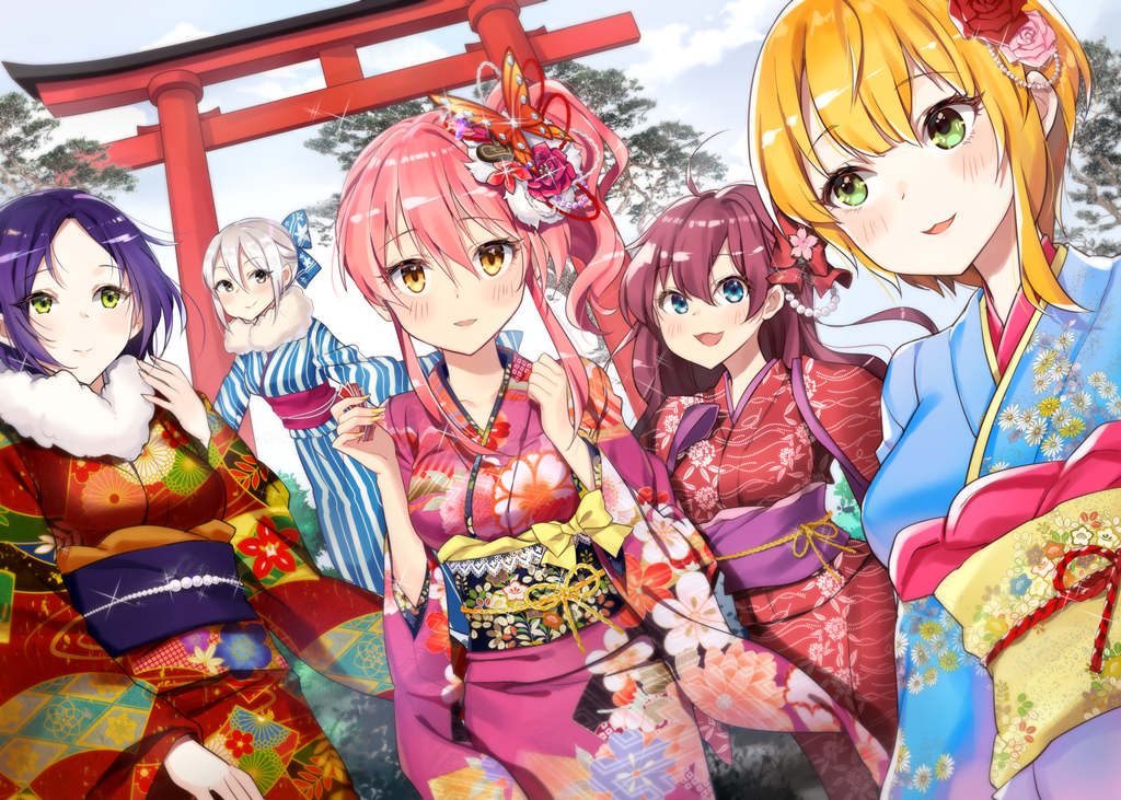 5girls :d bangs blonde_hair blue_eyes blue_kimono blue_sky blush breasts brown_eyes brown_hair butterfly_hair_ornament clouds commentary_request day dutch_angle eyebrows_visible_through_hair fingernails floral_print flower forehead goyain green_eyes hair_between_eyes hair_flower hair_ornament hayami_kanade ichinose_shiki idolmaster idolmaster_cinderella_girls japanese_clothes jougasaki_mika kimono lipps_(idolmaster) long_sleeves medium_breasts miyamoto_frederica multiple_girls obi open_mouth outdoors parted_bangs pink_flower pink_hair pink_kimono pink_rose print_kimono purple_hair red_flower red_kimono red_rose rose sash shiomi_shuuko sidelocks silver_hair sky smile striped torii vertical-striped_kimono vertical_stripes wide_sleeves