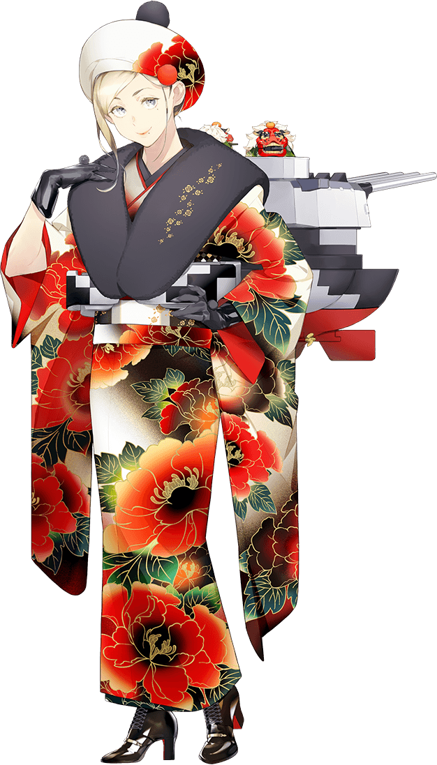 1girl akira_(kadokawa) blonde_hair blue_eyes floral_print flower full_body gloves japanese_clothes kantai_collection kimono looking_at_viewer machinery official_art richelieu_(kantai_collection) transparent_background