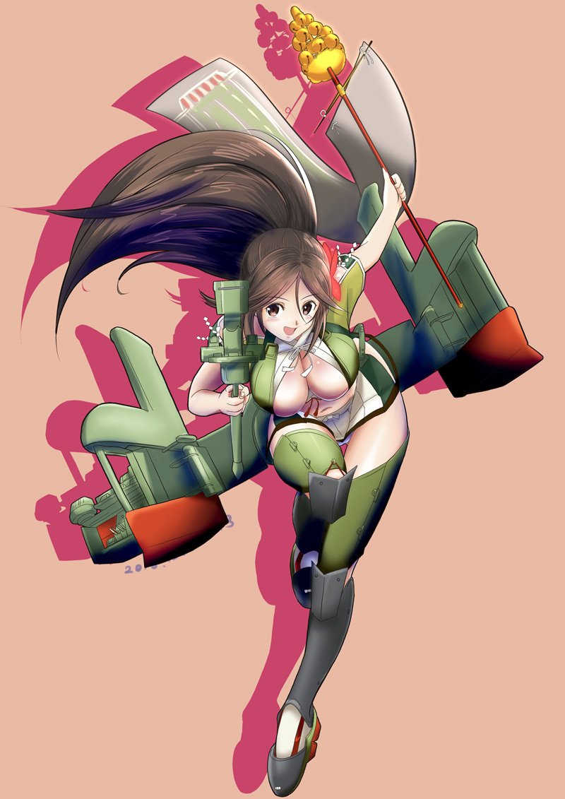 1girl amagi_(kantai_collection) bangs bare_shoulders bell blush bow breasts brown_background brown_eyes brown_hair cleavage cleavage_cutout commentary_request crop_top flight_deck flower full_body green_legwear hair_between_eyes hair_bow hair_flower hair_ornament hair_ribbon hip_vent jingle_bell kantai_collection large_breasts long_hair looking_at_viewer machinery midriff miniskirt mokerou mole mole_under_eye navel no_panties parted_bangs pleated_skirt ponytail ribbon running silhouette skirt smile solo thigh-highs thighs