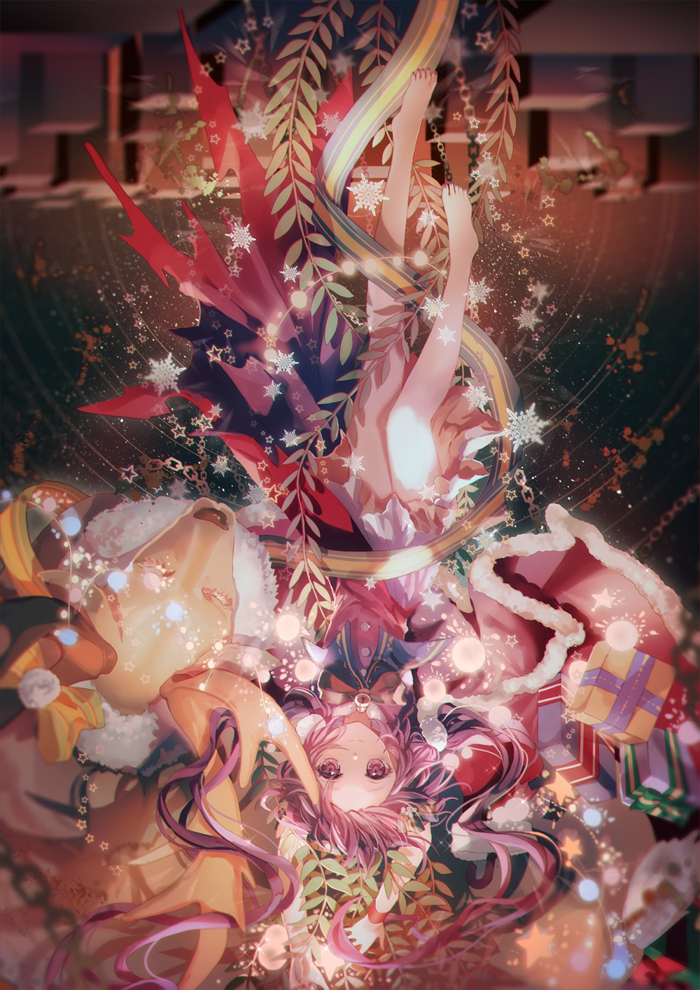 1girl animal arms_up bare_legs barefoot bell blurry blurry_background box buttons closed_eyes dress facial_mark forehead_mark full_body gift gift_box glint highres long_hair looking_at_viewer nail_polish plant purple_hair purple_nails reindeer short_dress snowflakes solo toenail_polish touhou tsukumo_benben upside-down violet_eyes wristband yasato