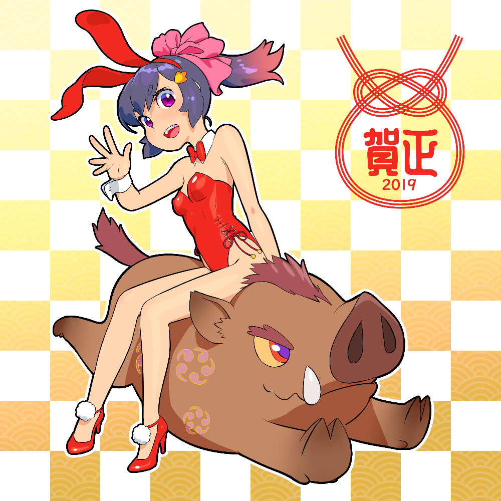 1girl 2019 animal_ears black_hair boar bow bowtie bunny_girl bunny_tail bunnysuit checkered checkered_background chinese_zodiac commentary_request detached_collar fukusuke_hachi-gou full_body gradient_hair high_heels leotard multicolored_hair nengajou new_year original pom_pom_(clothes) ponytail rabbit_ears red_footwear red_leotard red_neckwear redhead ribbon riding solo strapless strapless_leotard tail waving wrist_cuffs year_of_the_pig