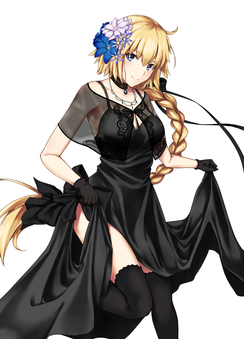 1girl bangs bare_arms black_choker black_dress black_gloves black_legwear blonde_hair blue_eyes blue_flower blush braid breasts choker closed_mouth dress enchuu eyebrows_visible_through_hair fate/grand_order fate_(series) floating_hair flower gloves hair_between_eyes hair_flower hair_ornament head_tilt jeanne_d'arc_(fate) jeanne_d'arc_(fate)_(all) jewelry leg_up long_hair looking_at_viewer medium_breasts necklace see-through simple_background single_braid skirt_hold sleeveless sleeveless_dress smile solo spaghetti_strap standing standing_on_one_leg thigh-highs thighs very_long_hair white_background white_flower
