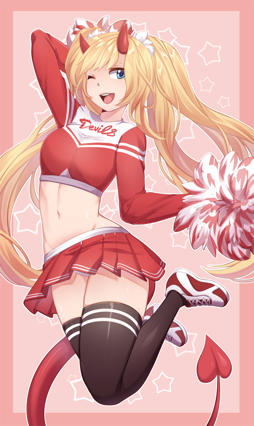 1girl ;d bange black_legwear blonde_hair blue_eyes cheerleader clothes_writing commission crop_top demon_girl demon_horns demon_tail english_text fang highres horns iwbitu-sa jumping long_hair long_sleeves midriff miniskirt navel one_eye_closed open_mouth original panties pantyshot_(jumping) pink_background pleated_skirt pom_poms red_shirt red_skirt shirt shoes skirt smile sneakers star tail thigh-highs twintails underwear very_long_hair white_panties