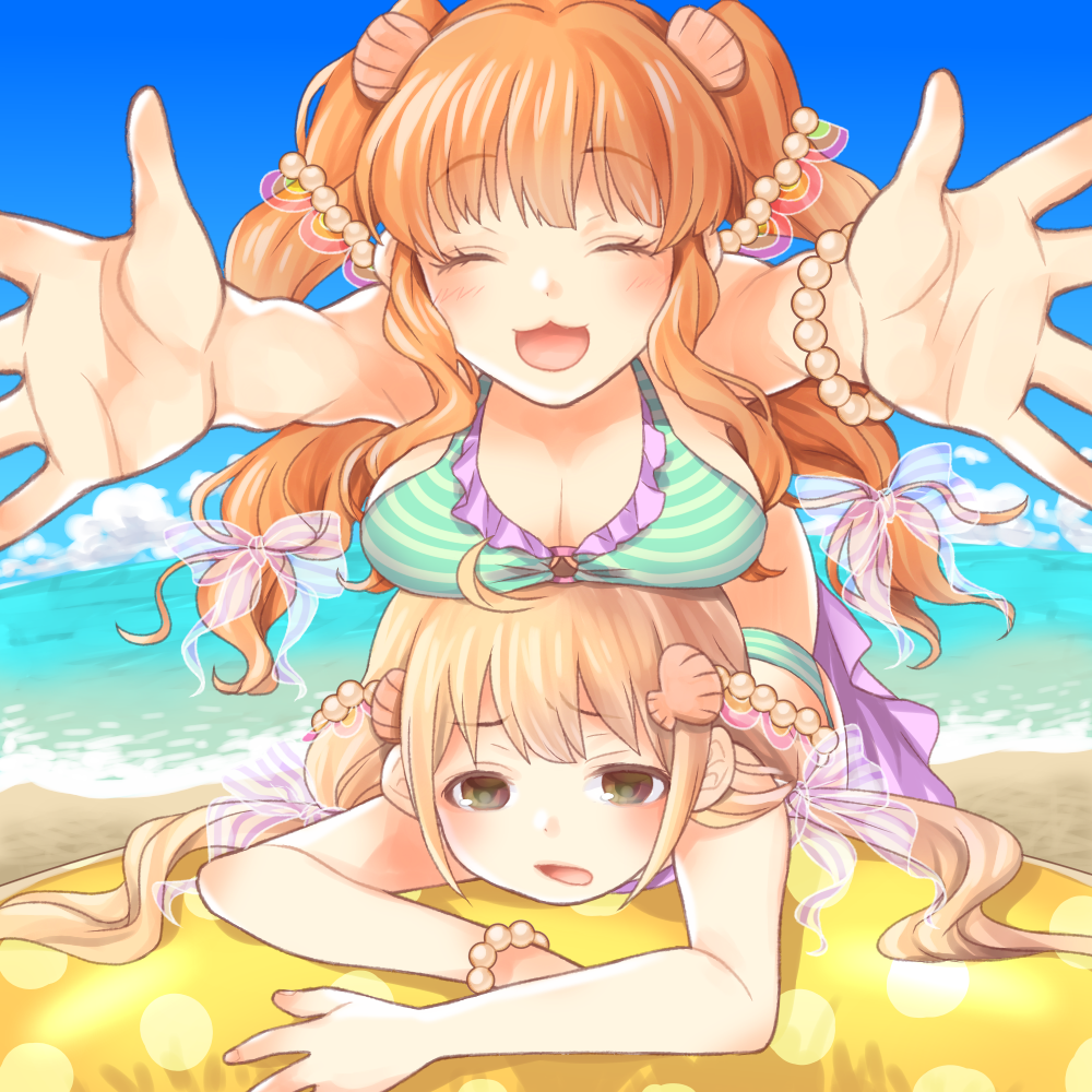 2girls ahoge bangs bead_bracelet beads blonde_hair blue_bikini_bottom blue_bikini_top blue_sky bracelet breast_rest breasts breasts_on_head brown_eyes cleavage closed_eyes clouds curly_hair eyebrows_visible_through_hair frills futaba_anzu hair_beads hair_ornament hair_ribbon idolmaster idolmaster_cinderella_girls innertube jewelry large_breasts light_brown_hair long_hair looking_at_viewer low_twintails lying moroboshi_kirari multiple_girls ocean on_stomach open_mouth outstretched_arms polka_dot_innertube purple_frills ribbon seashell_hair_ornament seaside shore sideboob sidelocks sky smile striped_bikini_bottom striped_bikini_top thighs transparent_ribbon tsuto twintails two-tone_bikini water white_bikini_bottom white_bikini_top yellow_innertube